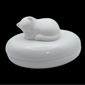 Sleeping Cat Kitten Porcelain Oval Trinket Dish w/ Lid Crowning Touch Taiwan